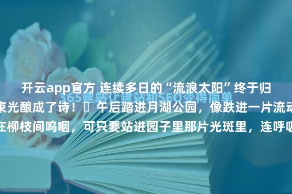 开云app官方 连续多日的“流浪太阳”终于归位，而月湖公园正把这束光酿成了诗！️午后踏进月湖公园，像跌进一片流动的金箔海。西北风还在柳枝间呜咽，可只要站进园子里那片光斑里，连呼吸都浸着蜜甜。阴云退散后，月湖的水面把蓝天揉碎成粼粼波光，岸边的花攒着光绽放——哪是赏花？分明是在月湖公园借光续命啊！...